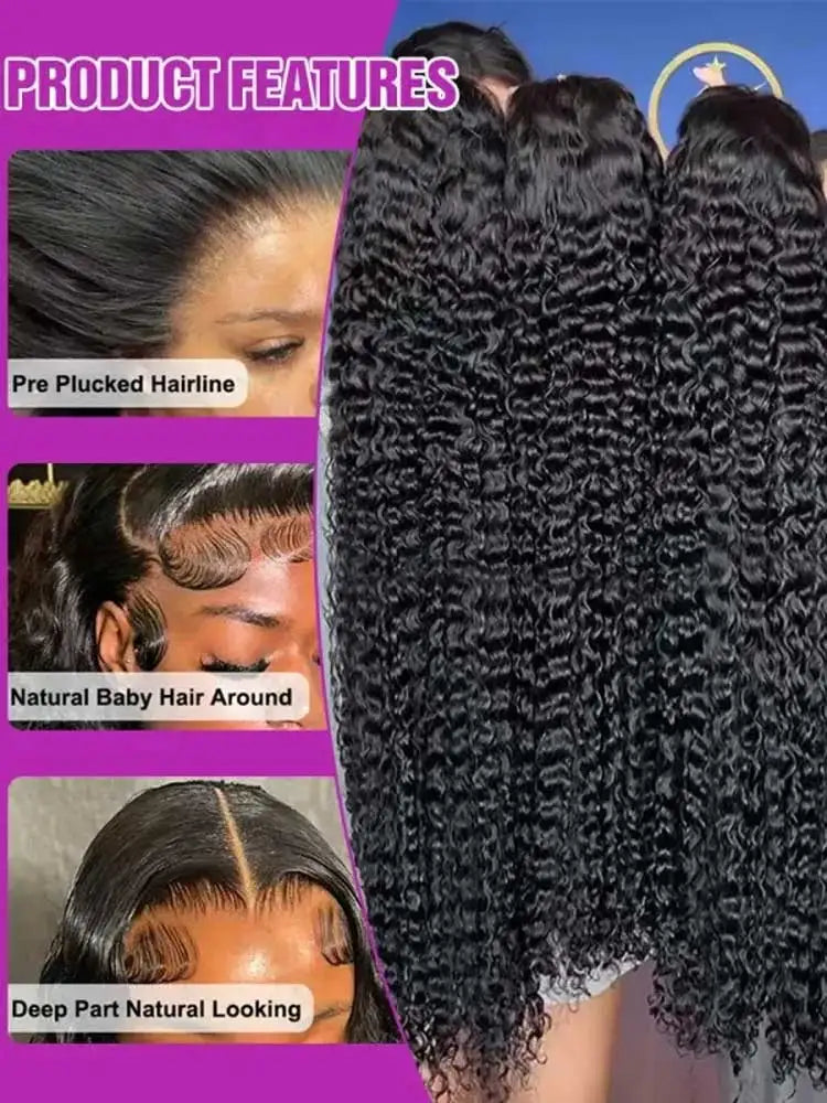 Natural Black Jerry Curly Human Hair Lace Wig, 180% Density