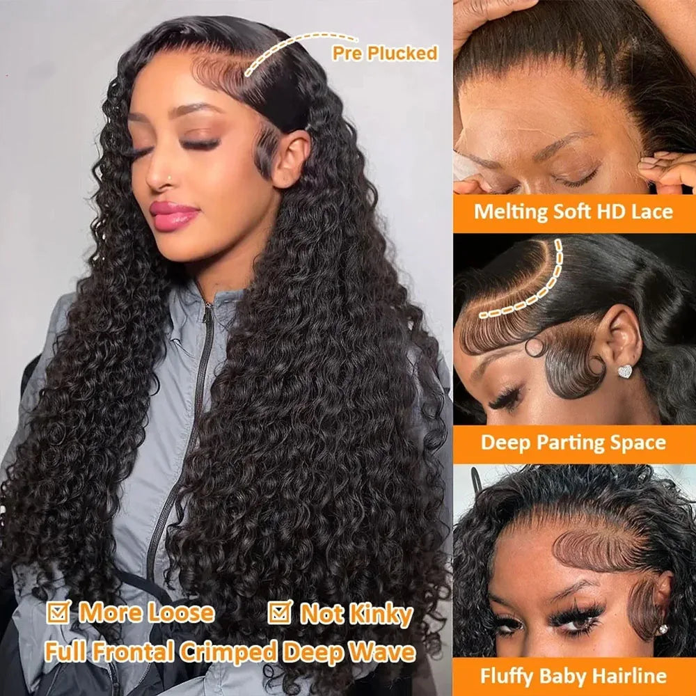 Natural Black Deep Wave Human Hair Wig, 200% Density