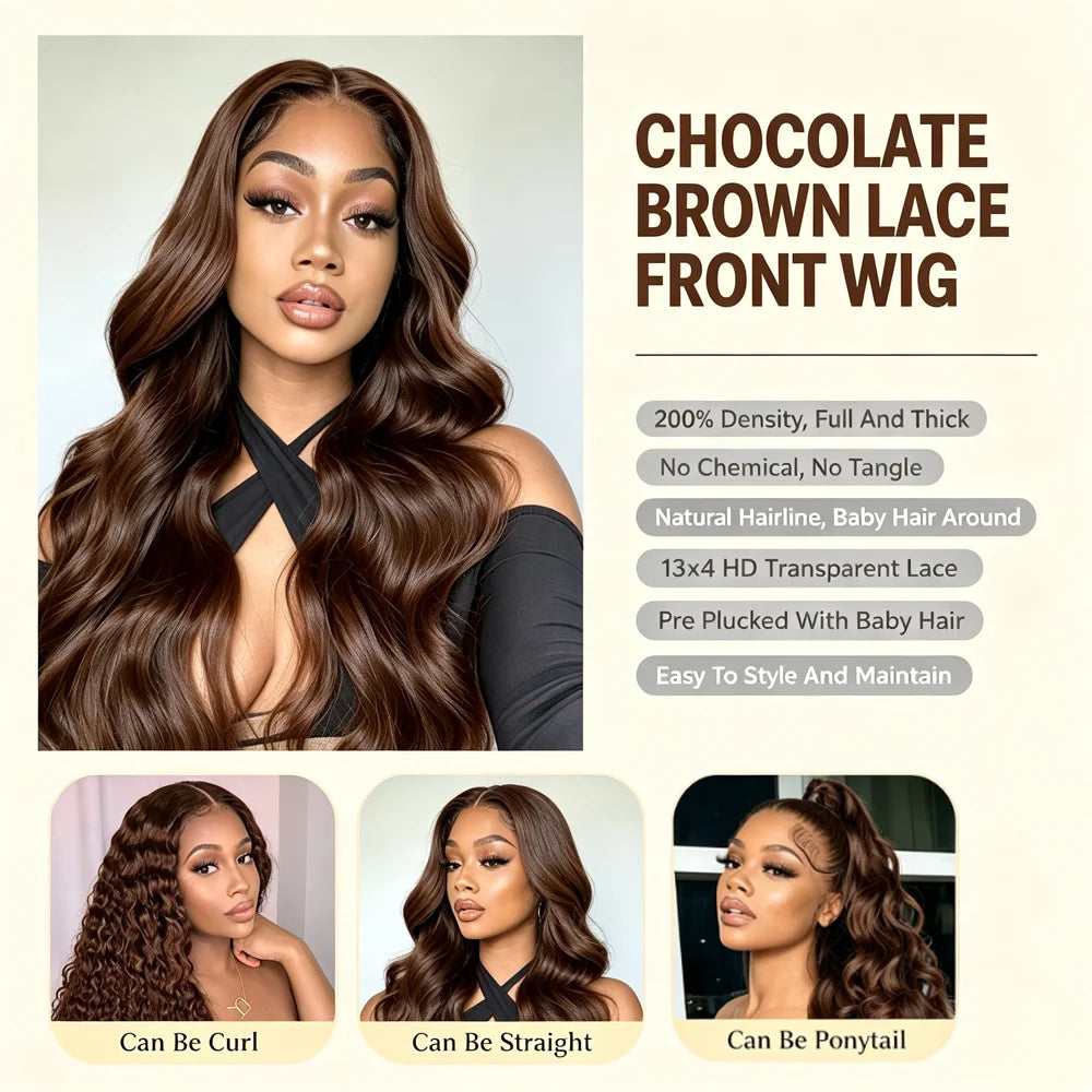 Chocolate Brown Body Wave Human Hair Wig