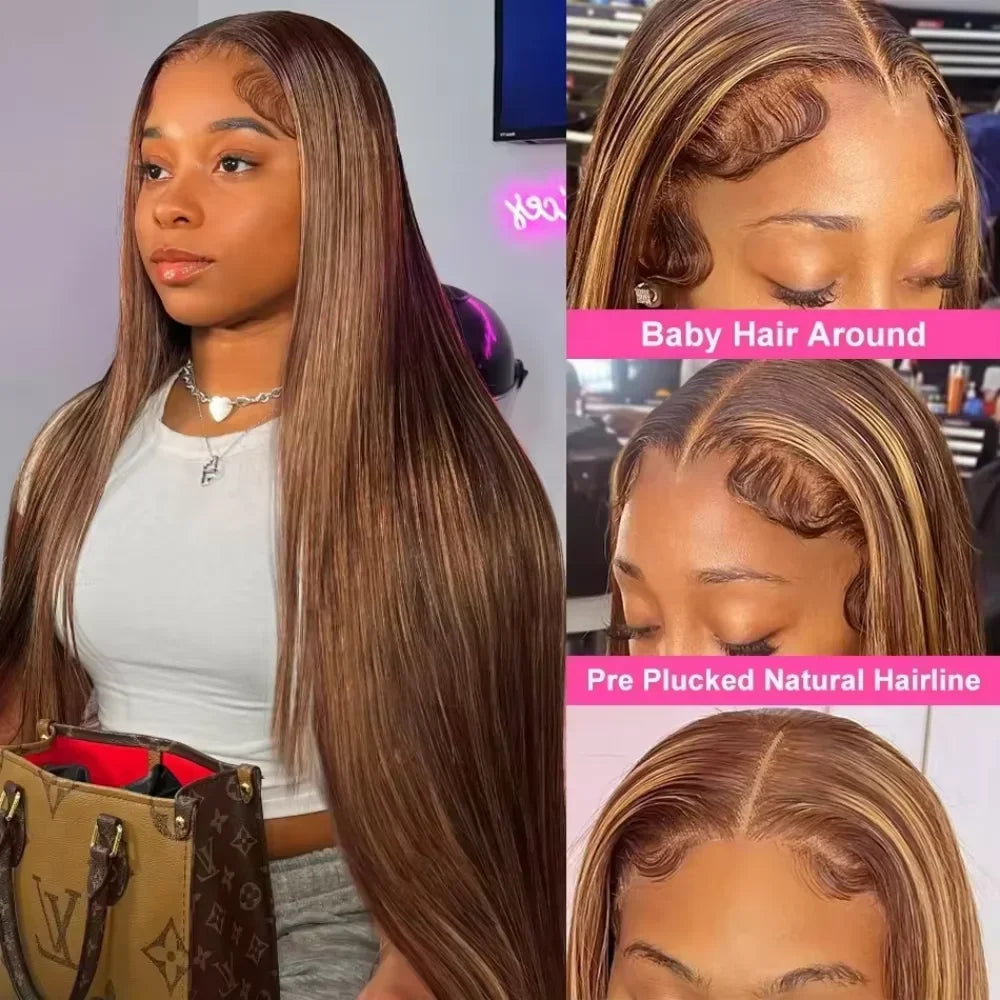4/27 Honey Blonde Highlight Straight Human Hair Wig