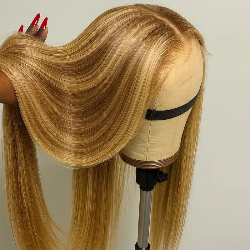 4/27 Honey Blonde Highlight Straight Human Hair Wig