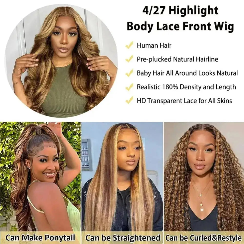 P4/27 Honey Blonde Highlight Body Wave Human Hair Wig