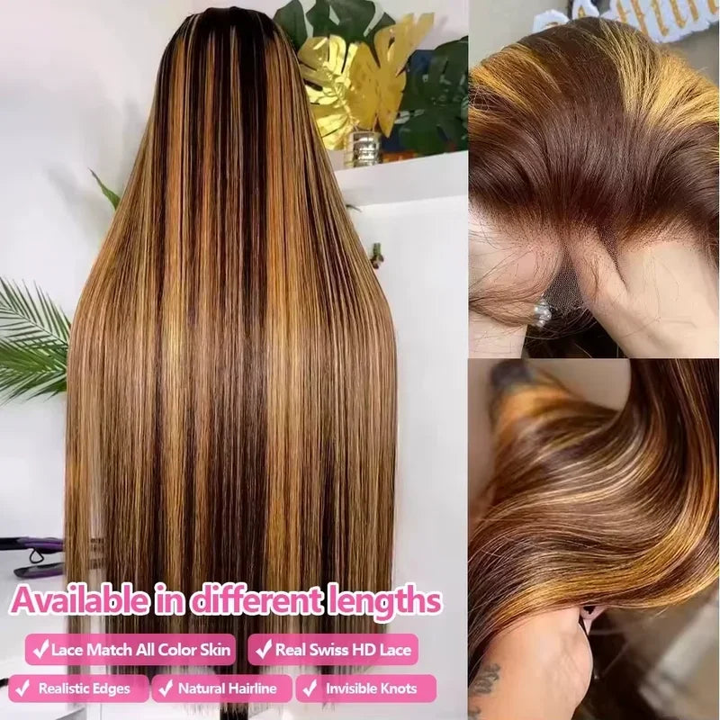 4/27 Honey Blonde Highlight Straight Human Hair Wig